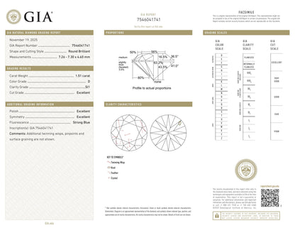 Diamant naturel de 1,51 ct certifié GIA | Couleur D | Pureté SI1 | Taille ronde | EX EX EX #D10319