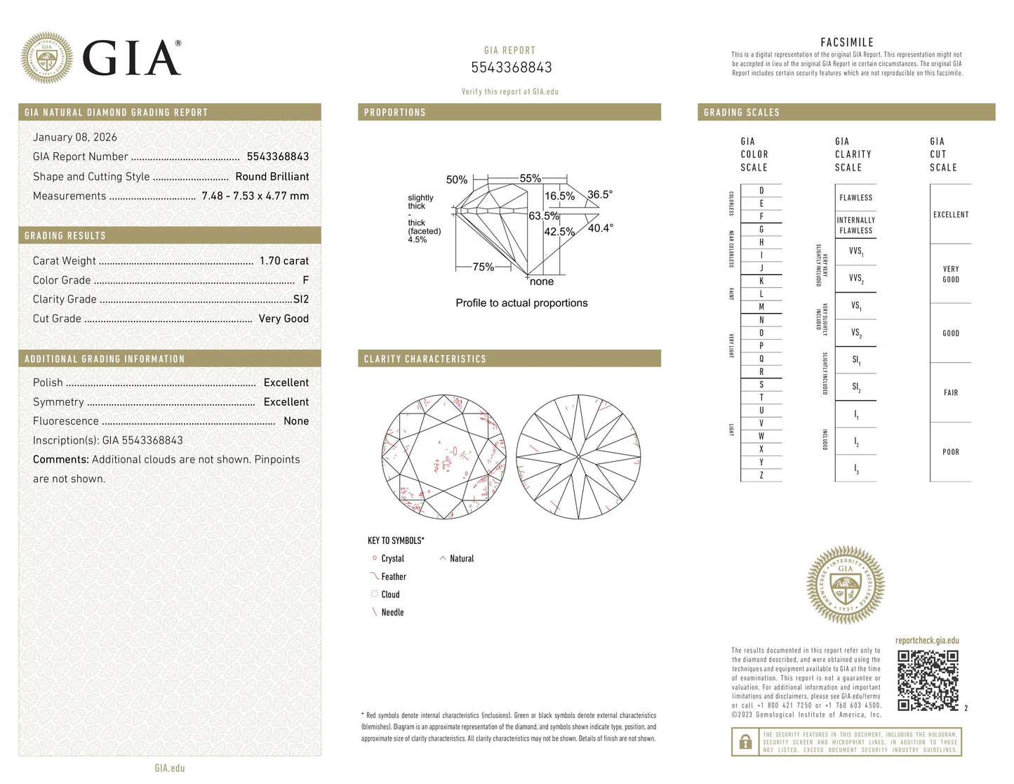 Diamant naturel 1,70 ct GIA | Couleur F | Pureté SI2 | Taille ronde | TB EX EX #D10383