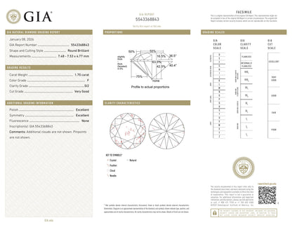 Diamant naturel 1,70 ct GIA | Couleur F | Pureté SI2 | Taille ronde | TB EX EX #D10383