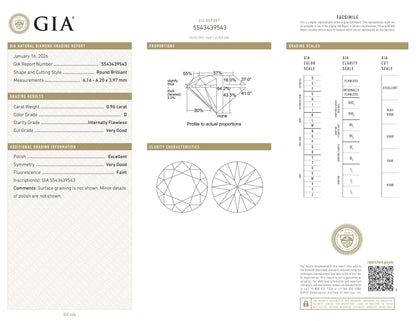 Diamant naturel 0,96 ct GIA | Couleur D | Pureté IF | Taille ronde | TB EX TB #D10385