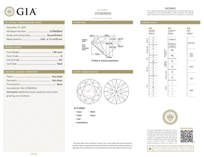 Natural 1.00ct GIA Diamond | Color G | Clarity SI2 | Round Cut | GD VG VG #D10441