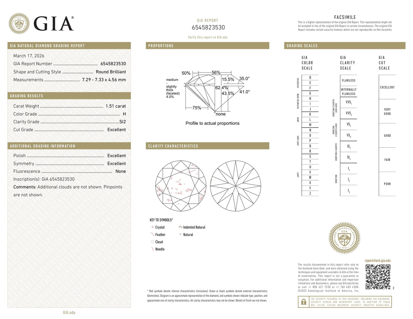 Diamant naturel de 1.51ct GIA | Couleur H | Pureté SI2 | Taille ronde | EX EX EX #D10449