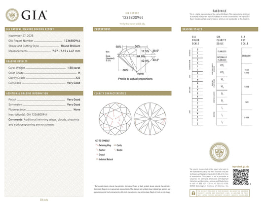 Natürlicher 1.50ct GIA Diamant | Farbe H | Reinheit SI2 | Rundschliff | VG VG VG #D10473