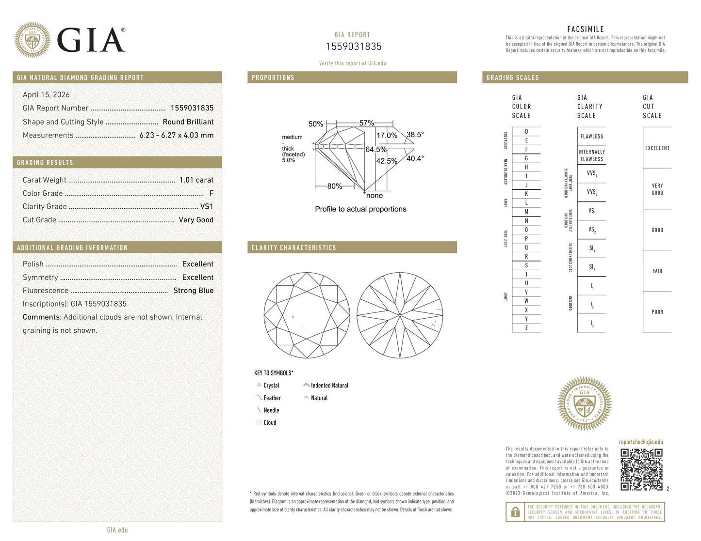 Natürlicher 1.01ct GIA Diamant | Farbe F | Reinheit VS1 | Rundschliff | VG EX EX #D10510