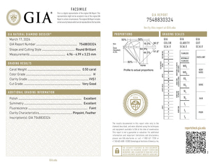 Natürlicher 0.50ct GIA Diamant | Farbe H | Reinheit VVS1 | Rundschliff | VG EX EX #D10546