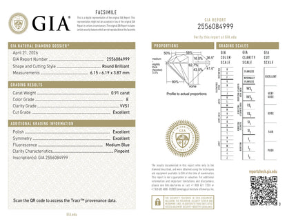 Natürlicher 0.91ct GIA Diamant | Farbe E | Reinheit VVS1 | Rundschliff | EX EX EX #D10557